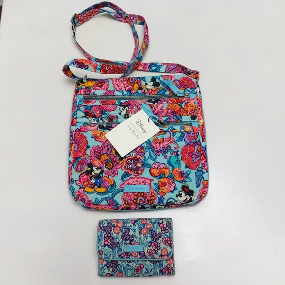Vera Bradley Disney Triple Zip Bag & RFID Wallet Mickey Colorful Garden